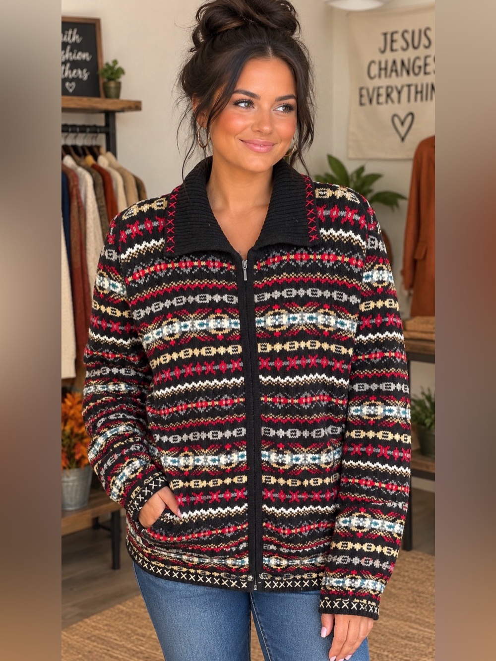Ambra Multicolor Chenille-Feel Fair Isle Zip-Up Knit Cardigan - Sz L